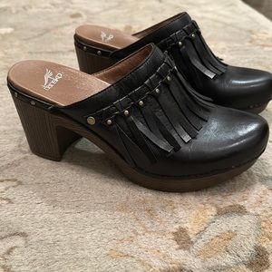 Dansko Demi Black Leather Fringe Mules